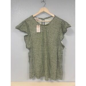 Philosophy Woman Olive Green White Drip Print Flutter Sleeve Ruffle Neck Top 3X